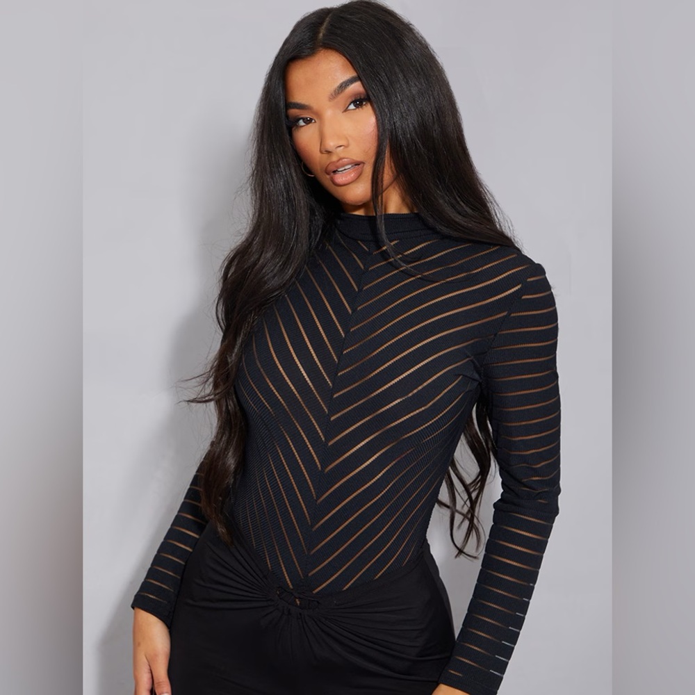 NWT Prettylittlething Black Chevron Mesh Long Sleeve Thong Bodysuit